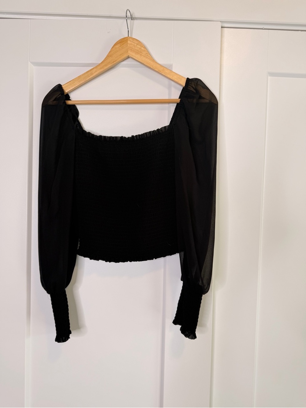 Wilfred Black Smocked Off-Shoulder Sheer Sleeve Top